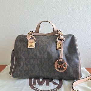 Michael Kors Women Grayson Boston Large Hand Bag Leather Canvas Brown/cream